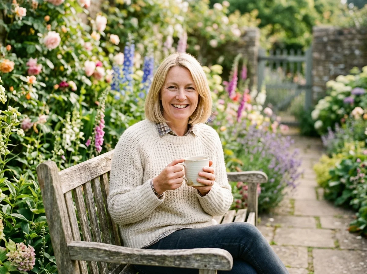 Kay, smiling host sitting on a bench with a mug